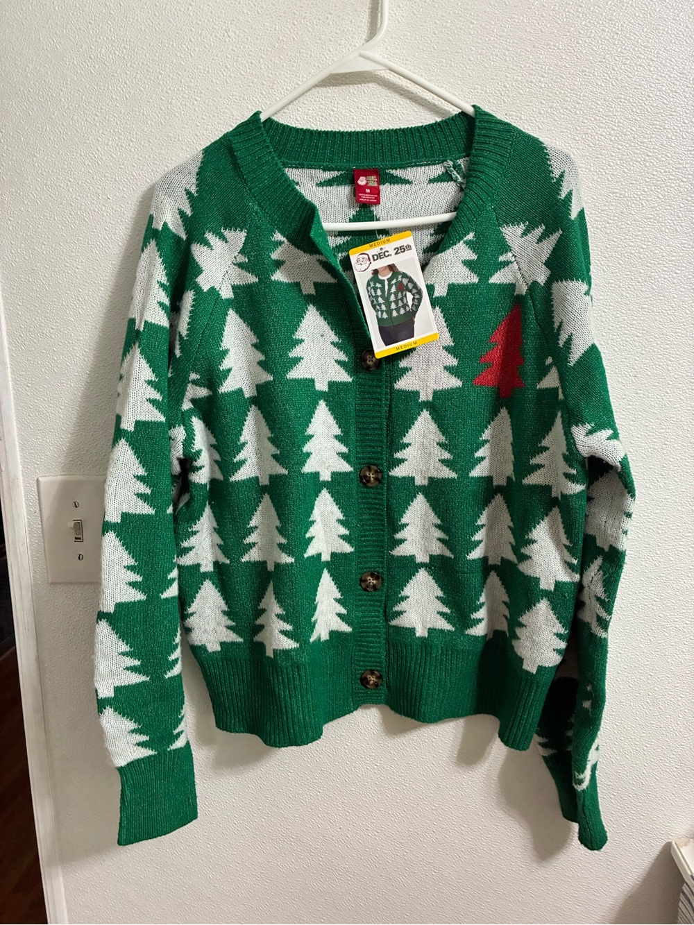 Holiday Tree Pattern Green Cardigan Sweater by Dec 25th Medium